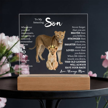 TO MY AMAZING SON KEEPSAKE LED NIGHT LIGHT UP LAMP ACRYLIC PLAQUE LIONESS
