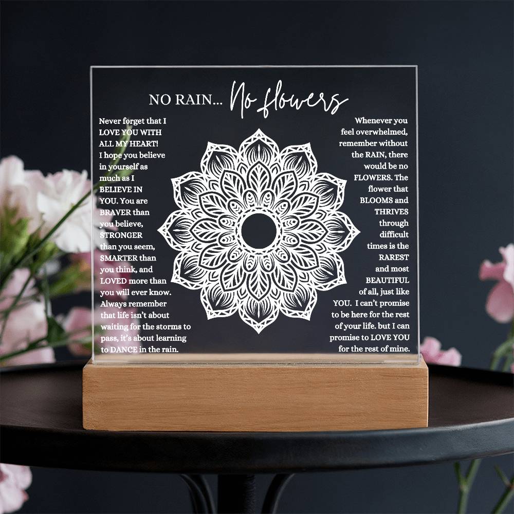NO RAIN NO FLOWERS KEEPSAKE LED NIGHT LIGHT UP LAMP ACRYLIC PLAQUE